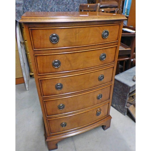 5252 - MAHOGANY BOW FRONT CHEST OF 5 DRAWERS ON BRACKET SUPPORTS 94 CM TALL X 53 CM WIDE