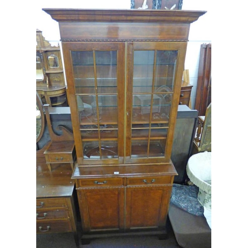 5255 - LATE 19TH CENTURY MAHOGANY BOOKCASE WITH DECORATIVE FEATHER BANDING & 2 GLAZED PANEL DOORS OVER BASE... 