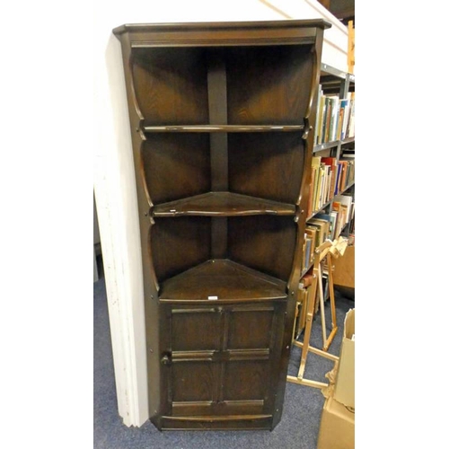 5306 - ERCOL OAK CORNER CABINET WITH OPEN SHELVES OVER PANEL DOOR.