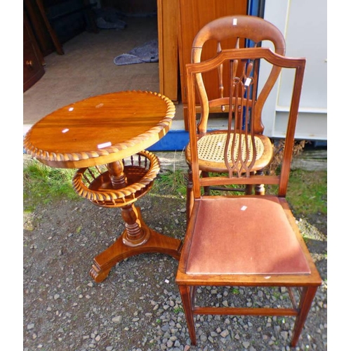 5340 - MAHOGANY CIRCULAR PEDESTAL TABLE WITH UNDERSHELF, INLAID MAHOGANY HAND CHAIR, ETC