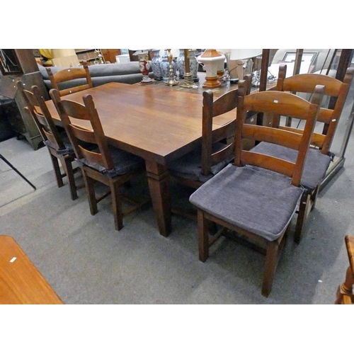 5356 - MODERN OAK DINING TABLE & SET OF 6 OAK LADDER BACK CHAIRS, LENGTH OF TABLE 201CM