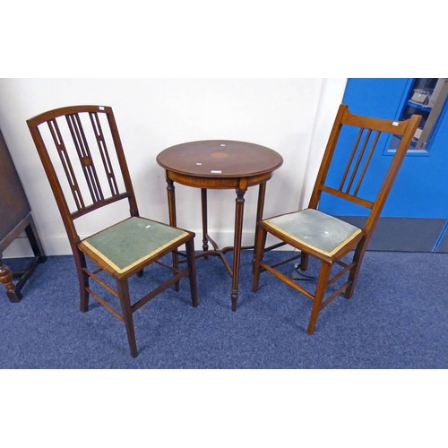 5357 - 19TH CENTURY STYLE MAHOGANY CIRCULAR TABLE WITH SATIN WOOD INLAY AND 2 INLAID MAHOGANY HAND CHAIRS