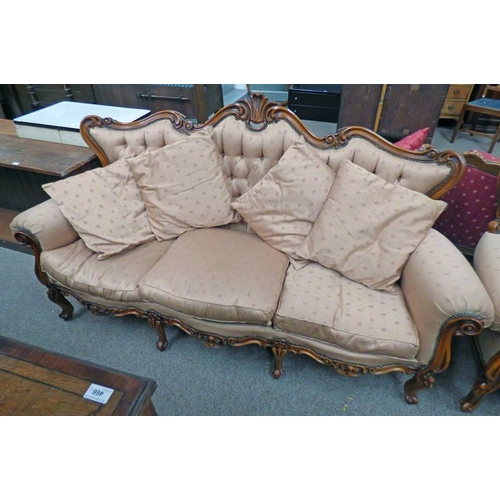 5358 - 19TH CENTURY STYLE CONTINENTAL CARVED WALNUT FRAMED 3 SEATER BUTTON BACK SETTEE ON CABRIOLE SUPPORTS