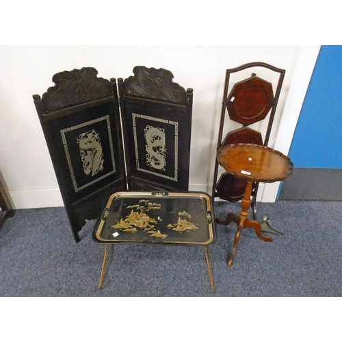 5361 - EASTERN 2 PART FOLDING SCREEN WITH DRAGON DECORATION, MAHOGANY 3 TIER FOLDING CAKE STAND ETC