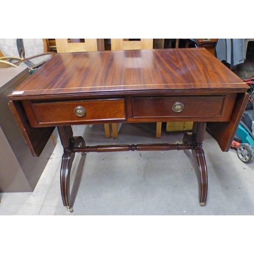 5380 - MAHOGANY SOFA TABLE WITH BRASS INLAY AND 2 DRAWERS, 90CM LONG