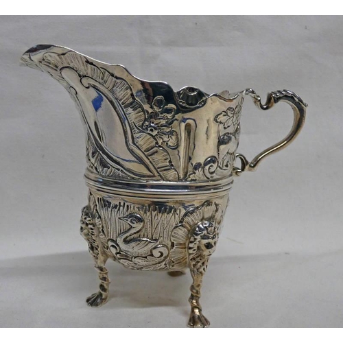 544 - VICTORIAN SILVER CREAM JUG EMBOSSED WITH BIRDS, FOXES, ETC WITH LIONS MASK DECORATION ON PAW FEET, C... 