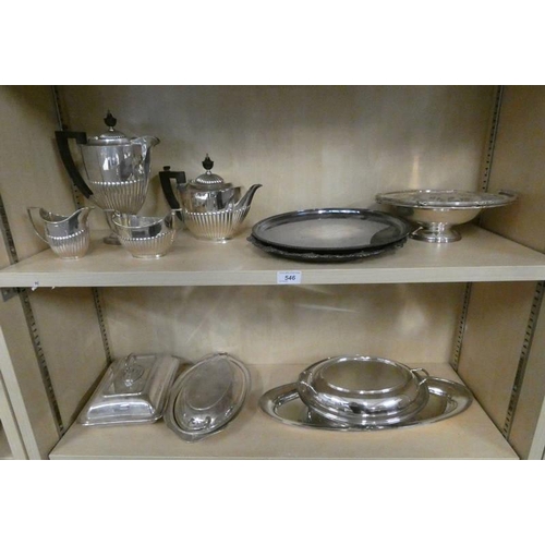 546 - SELECTION OF SILVER PLATED WARE INCLUDING 4 PIECE TEASET, ENTREE DISHES, SWING HANDLED BASKET ETC ON... 