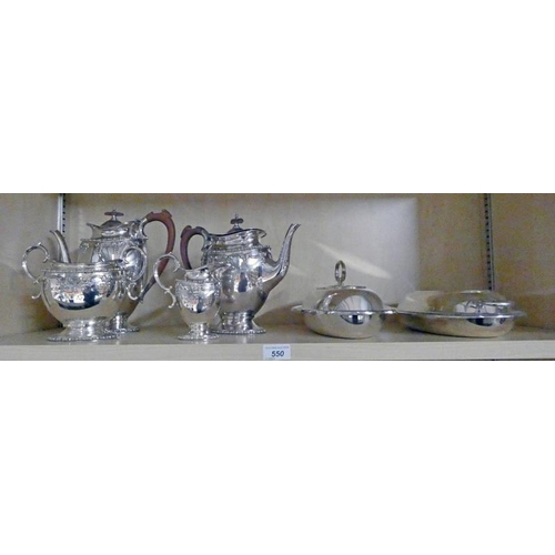 550 - 4 PIECE SILVER PLATED TEA SERVICE WITH FLORAL SWAG DECORATION AND 2 SILVER PLATED ENTREE DISHES