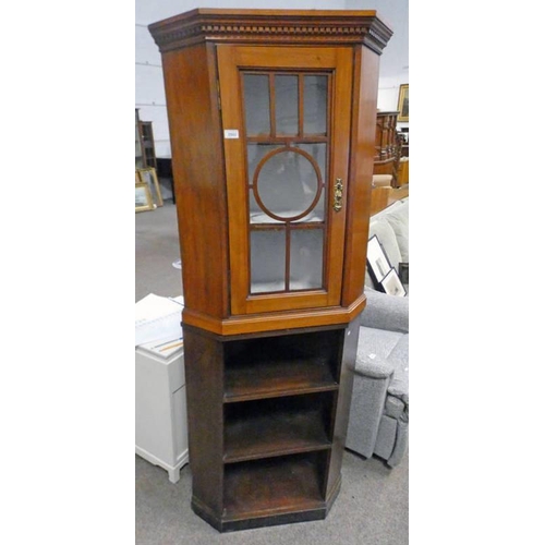 5502 - MAHOGANY CORNER CABINET WITH ASTRAGAL GLASS PANEL DOOR OVER BASE WITH OPEN SHELVES