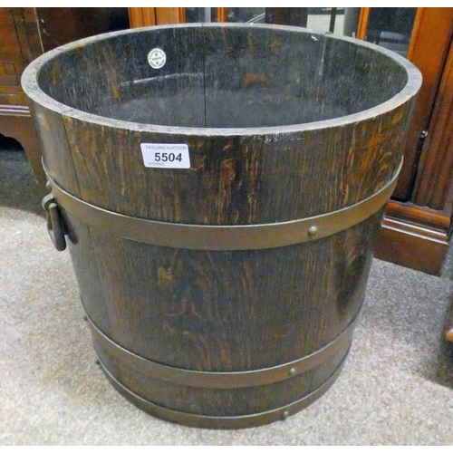 5504 - OAK BARREL PLANTER WITH BRASS BANDING LABELLED R. A. LISTER & CO LTD DURSLEY, DIAMETER 41CM