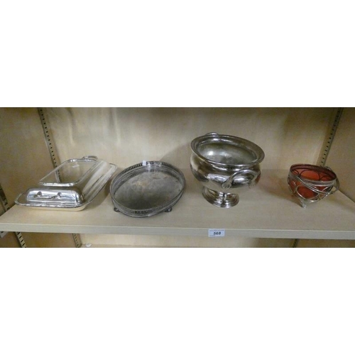 568 - SILVER PLATED GALLERY TRAY ENTREE DISH, SOUP TUREEN AND SWING HANDLED BON BON DISH WITH CRANBERRY GL... 