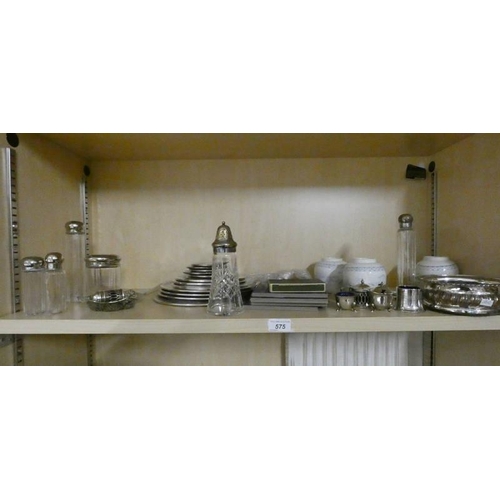 575 - SELECTION OF SILVER PLATED WARE INCLUDING 19TH CENTURY WINE COASTER,    CRUET SET, COINS, 3 POTTERY ... 