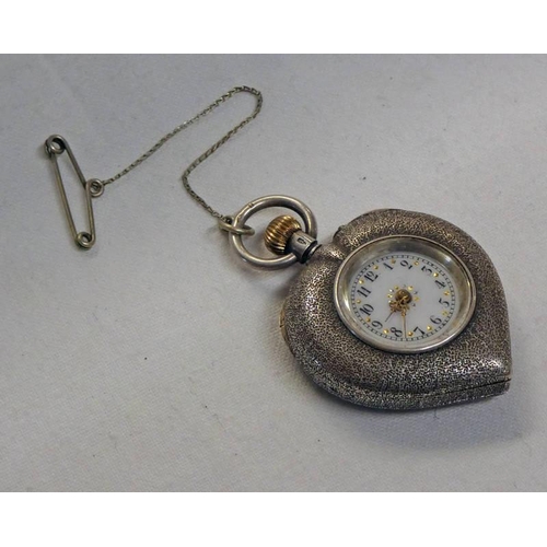 582 - 935 SILVER HEART SHAPED FOB WATCH, THE REVERSE WITH ENAMEL BIRD DECORATION - 3 CM WIDE