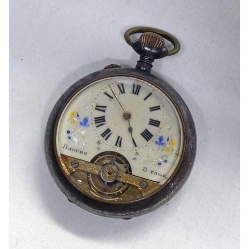 584 - GUN METAL 8 - DAY OPENFACE POCKETWATCH WITH ENAMEL DECORATED DIAL AND OPEN ESCAPEMENT