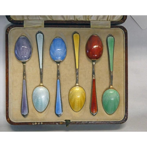 605 - CASED SET 6 SILVER GILT & COLOURED ENAMEL TEASPOONS BY S LESSER & SONS LTD, BIRMINGHAM 1956