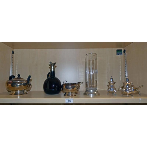 608 - SILVER MOUNTED GLASS VASE, 3 PIECE SILVER PLATED TEASET, 3 PIECE SILVER PLATED CRUET SET AND BROWN G... 