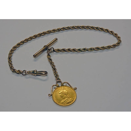 609 - 19TH CENTURY UNMARKED YELLOW METAL ROPE TWIST WATCH CHAIN WITH 1891 SOVEREIGN PENDANT HOOK MARKED 9C... 