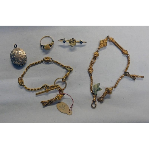 627 - 2 X 19TH CENTURY ALBERTINAS 19TH CENTURY SIGNET RING, LOCKET AND A PEARL & GEM SET BROOCH