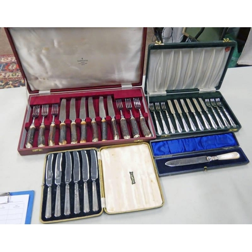 644 - CASED SET 6 HORN HANDLED STEAK FORKS & KNIVES, CASED SET SILVER HANDLED TEA KNIVES ETC