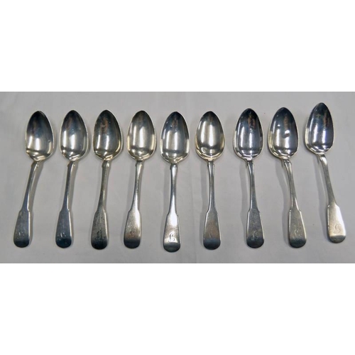 646 - SET OF 9 GEORGE IV SCOTTISH SILVER FIDDLE PATTERN DESSERT SPOONS BY ALEXANDER EDMONSTOUN & ROBERT MO... 