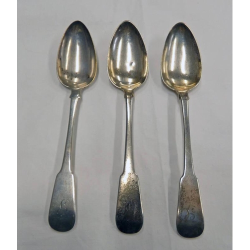 647 - 3 GEORGE IV SCOTTISH SILVER FIDDLE PATTERN TABLESPOONS BY FRANKLIN & SONS, EDINBURGH 1824/25 - 190 G