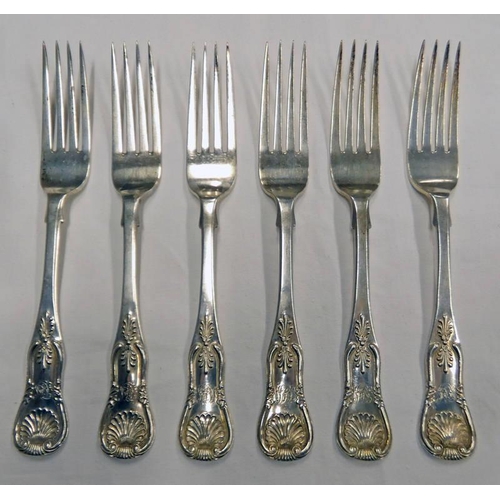 648 - SET 6 VICTORIAN SCOTTISH SILVER TABLE FORKS BY JAMES MCKAY, EDINBURGH 1859 - 410 G