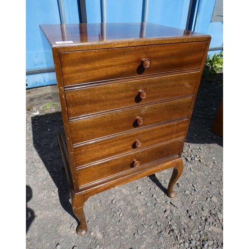 100 - MAHOGANY 5 DRAWER MUSIC CHEST ON QUEEN ANNE SUPPORTS. WIDTH 47 CM X HEIGHT 77 CM