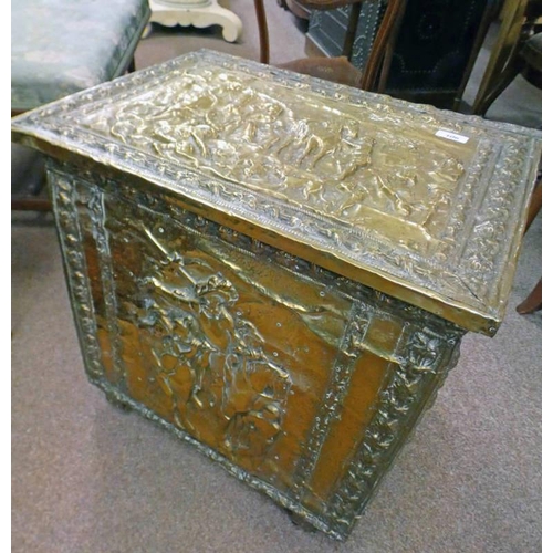 106 - BRASS COAL BOX WITH EMBOSSED CLASSICAL SCENE DECORATION, 56CM TALL X 55CM WIDE