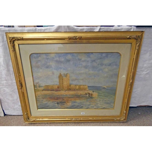 1061 - MILITARY PARADE AT BROUGHTY FERRY CASTLE GILT FRAMED WATERCOLOUR 56 CM X 79 CM