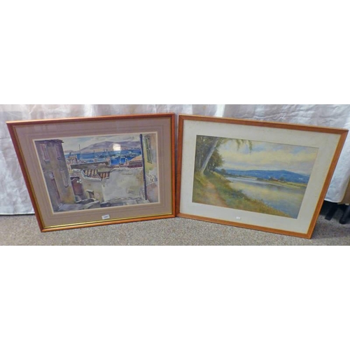 1063 - 2 FRAMED WATERCOLOURS: HOUSES BESIDE HARBOUR SIGNED J REVILLE - 38 CM X 54 CM & ON THE DEE AT CULTER... 
