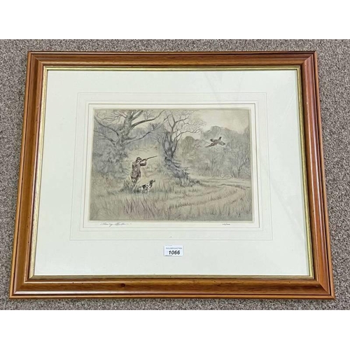 1066 - HENRY WILKINSON,  HUNTING SEASON   SIGNED  FRAMED COLOURED ETCHING  24 CM X 25 CM