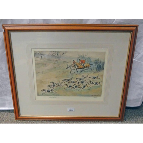 1068 - HENRY WILKINSON,  FOX HUNTING,   SIGNED  FRAMED COLOURED ETCHING  24 CM X 24 CM