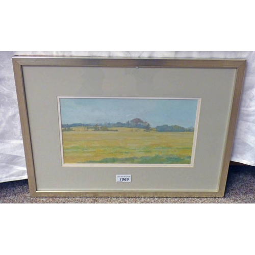 1069 - IRENE HALLIDAY,  SULTRY DAY, CORNFIELDS ,  SIGNED  FRAMED WATERCOLOUR 32CM X 17 CM