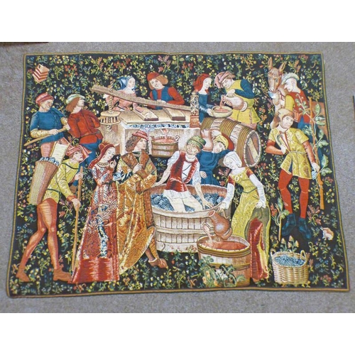 1072 - 19TH CENTURY STYLE HANGING WALL TAPESTRY DEPICTING A VILLAGE SCENE OF PEOPLE MAKING WINE. 160 CM X 1... 