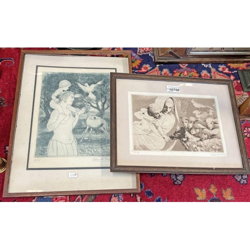 1075E - 2 FRAMED ETCHINGS SIGNED IN PENCIL ALBERTO DUCE OF WOMAN AND CHILD  LARGEST 26 CM X 20 CM