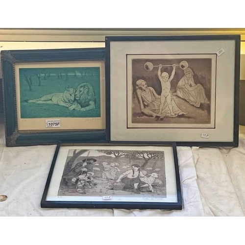 1075F - 3 FRAMED ETCHINGS SIGNED IN PENCIL ALBERTO DUCE INCLUDING SHEPHERD WITH CHILDREN, LIONS & CLASSICAL ... 