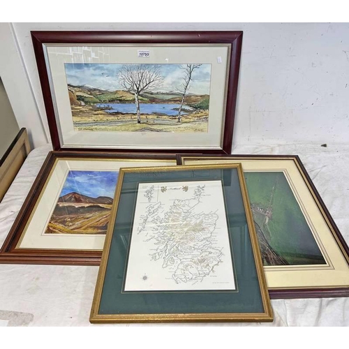 1075G - FRAMED WATERCOLOUR OF LOCH KINARDOCHY BY H O RAY, GILT FRAMED MAP OF SCOTLAND, & 2 OTHERS