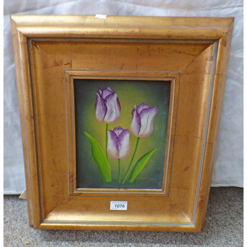 1076 - MARCHAND  PURPLE TULIPS  SIGNED  GILT FRAMED OIL PAINTING 19CM X 24 CM