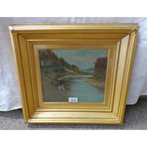 1078 - MMC  COUPLE BY THE STREAM INITIALLED  GILT FRAMED OIL PAINTING 26 CM X 22 CM