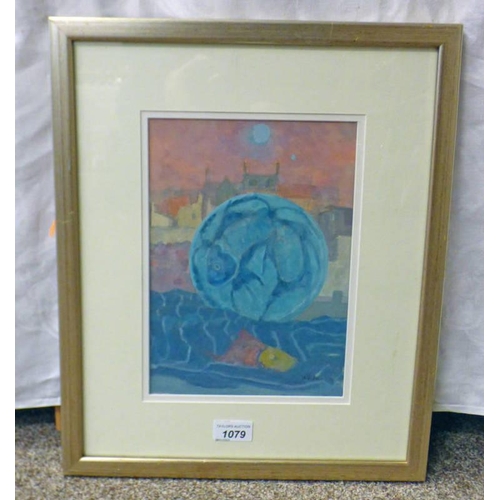 1079 - IRENE HALLIDAY,  FISH PLATE HARBOUR WINDOW ,  SIGNED  FRAMED WATERCOLOUR 17.5 CM X 26 CM