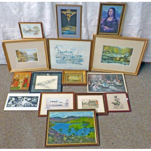 1082 - VARIOUS FRAMED PRINTS, EMBROIDERY, KEN LOCHHEAD DRAWINGS ETC TO INCLUDE: OLD ABERDEEN SIGNED JILL WA... 