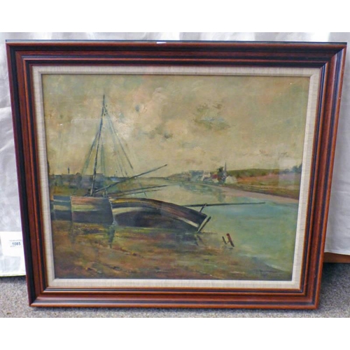 1085 - NOEL CHALMERS,  FISHING BOATS AT FERRYDEN,  SIGNED,  FRAMED OIL PAINTING,  48 X 58 CM