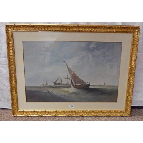 1090 - GILT FRAMED OIL PAINTING OF FISHING BOATS AT SEA, 47 X 72 CM