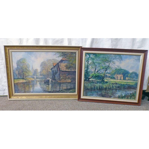 1092 - GORDON IRON,  CASTLE VIEW AND COUNTRY SCENE,  2 FRAMED OIL PAINTINGS SIGNED LARGEST 74 CM X 49 CM