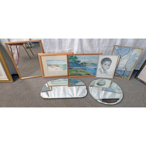 1100 - VARIOUS MIRRORS, FRAMED WATER COLOURS ETC TO INCLUDE: RM GARUM, COASTAL SCENE, HIGHLAND SCENE, BEVEL... 