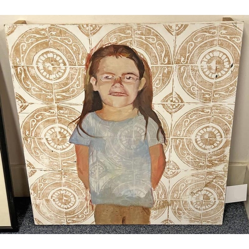 1100A - STEPHANIE BELL,  YOUNG GIRL WITH GLASSES UNFRAMED OIL PAINTING UNSIGNED 65 CM X 61 CM