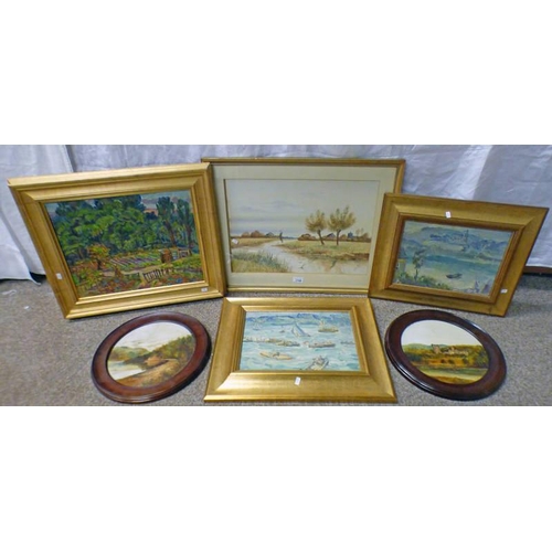 1106 - VARIOUS FRAMED WATERCOLOURS AND OIL PAINTINGS TO INCLUDE: FARM SCENE ROWING BOAT IN THE BAY WITH IND... 