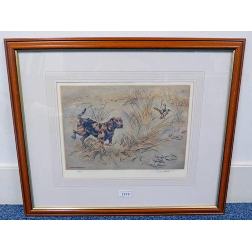 1113 - HENRY WILKINSON,  DOG IN THE POND ,  SIGNED, 10/250 FRAMED COLOUR ETCHING 36CM X 27 CM
