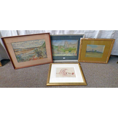 1114 - 4 FRAMED PRINTS, WATERCOLOURS, PASTELS ETC TO INCLUDE: F.R.RICHARDSON, PECKING CHICKEN - 30 CM X 21 ... 