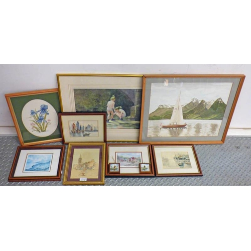 1118 - VARIOUS FRAMED PRINTS, WATERCOLOURS, EMBROIDERY ETC TO INCLUDE : NEIL J H MACLEOD THE STEEPLE, MONTR... 
